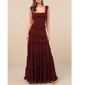 Lulus Tiered Maxi Dress Small Burgundy Compelling Romantic Split Wedding Ruffled
